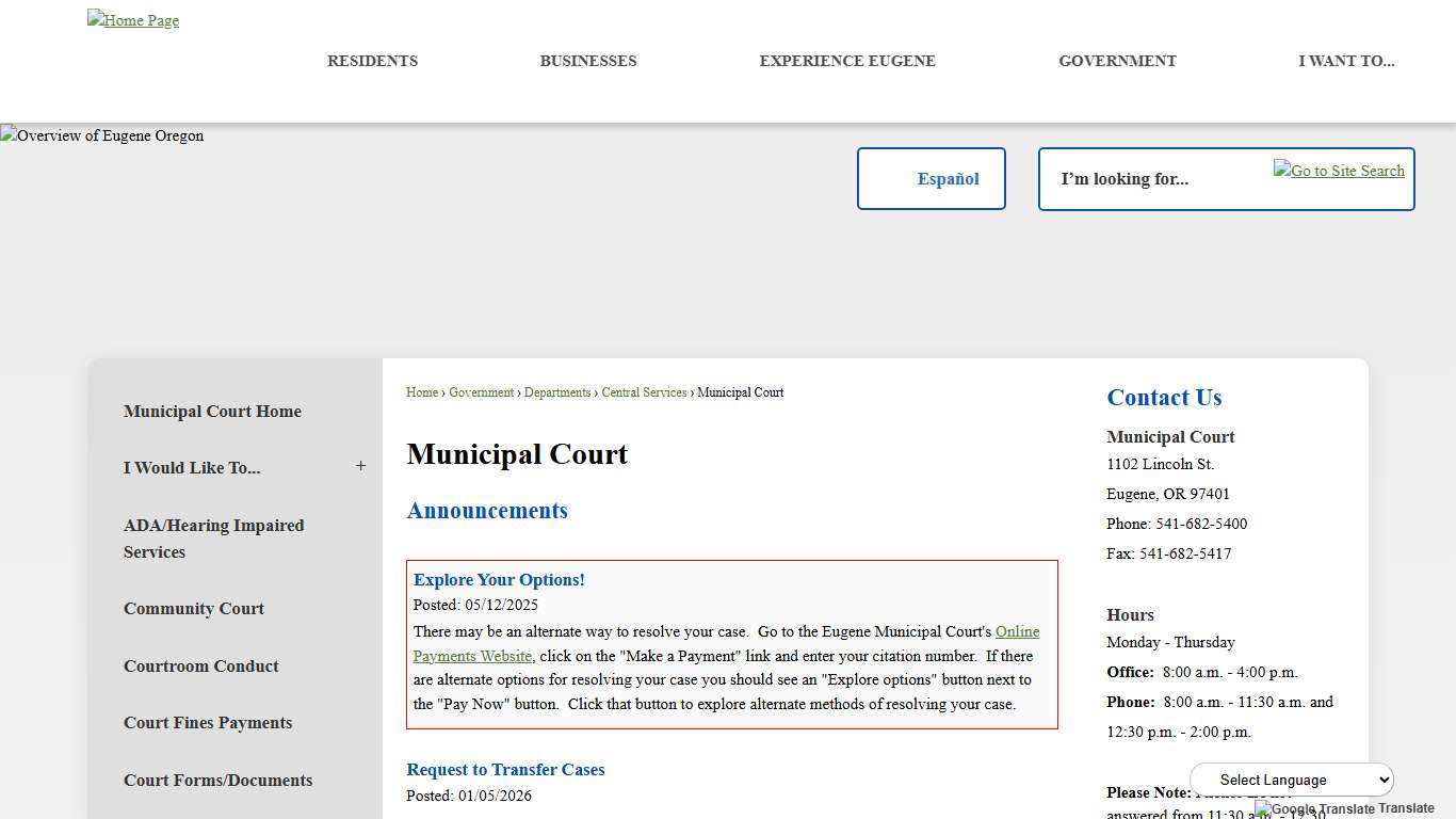 Municipal Court Eugene, OR Website